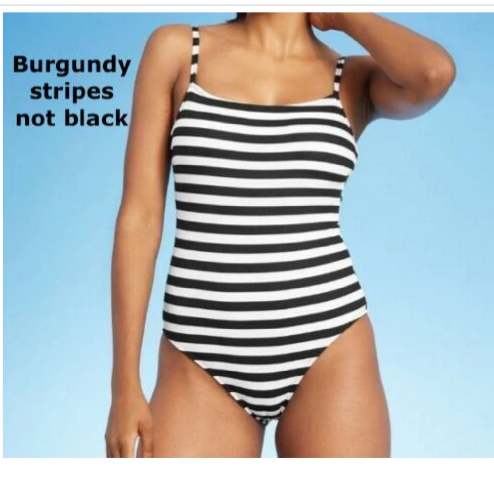 Kona Sol Burgundy and White Stripes One Piece Swimsuit Adjustable Straps…